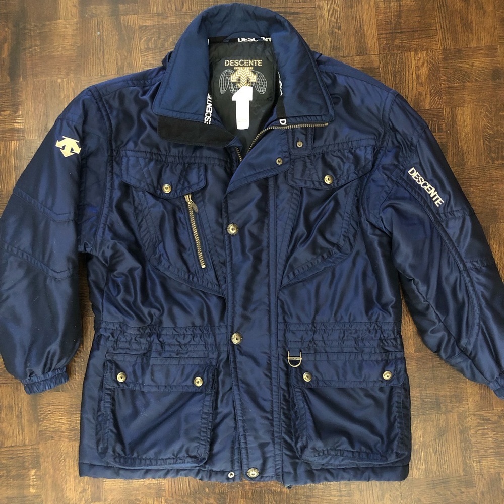 Mens Large Descente hooded navy heavyweight winter ski jacket